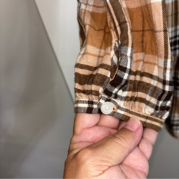 GAP Women’s Medium Tall Brown Tan Cream Button Down Plaid Dress Coastal Cowgirl - Picture 7 of 8